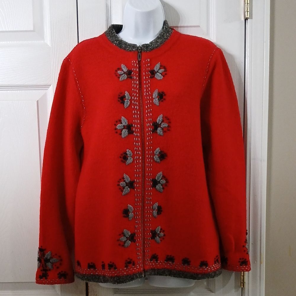 Christopher & Banks red gray wool blend zip up jacket Sz L EUC
